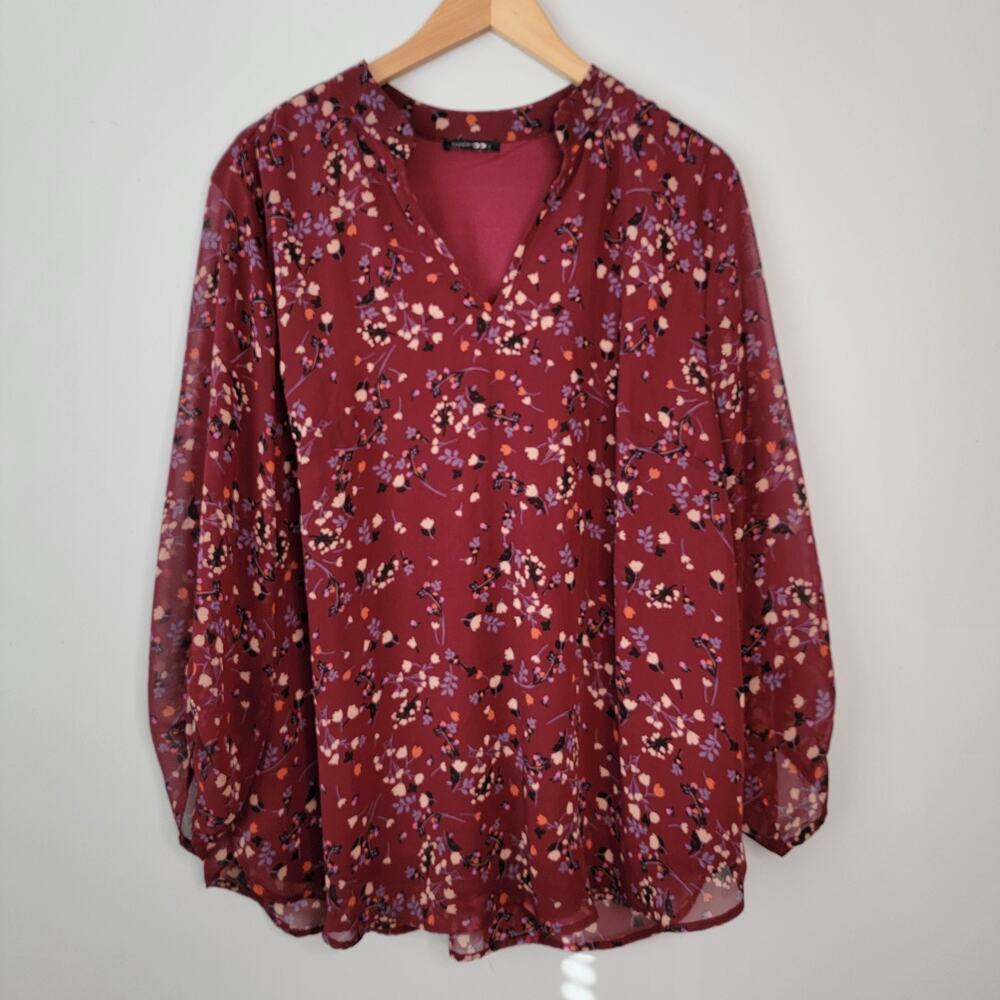 Burgundy Ditsy Floral Chiffon Top Sz 2X Office Cottage Feminine Whimsy PaperMoon
